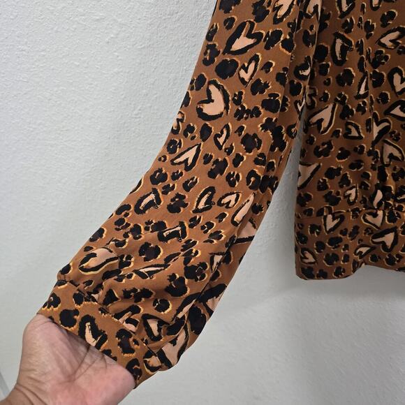 Karl Lagerfeld Leopard Heart Print Blouse Brown Size L Long Sleeve Smocked - Picture 6 of 13